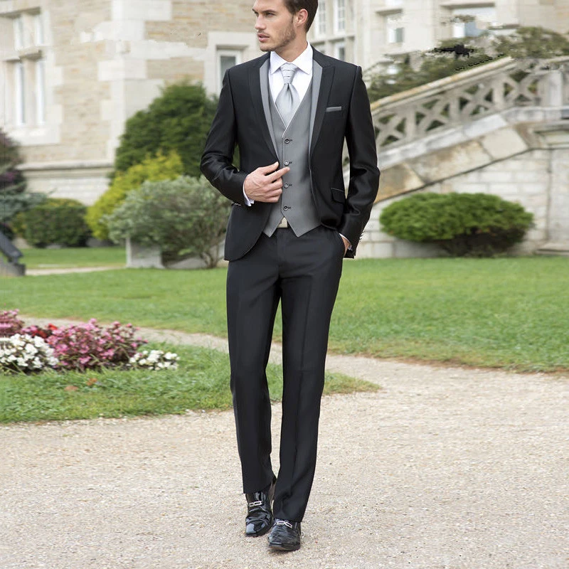 Traje negro chaleco gris Clearance