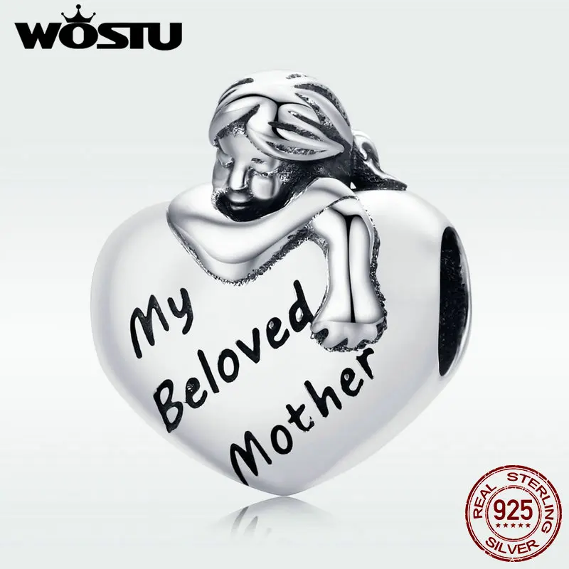

WOSTU Original Real 925 Sterling Silver My Beloved Mother Heart Charm fit Beads Bracelet DIY Jewelry Birthday Gift DXC650