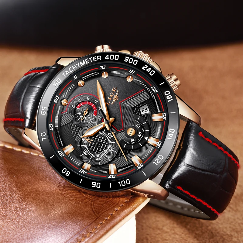 LIGE Mens Watches Top Brand Luxury Quartz Watch Gold Men Casual Leather Military Waterproof Sport Wristwatch Relogio Masculino