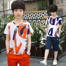 Одежда для мальчиков лето Костюмы комплект короткий рукав О-образный вырез с принтом Повседневное Комплект из 2 предметов 120-160 высокое качество