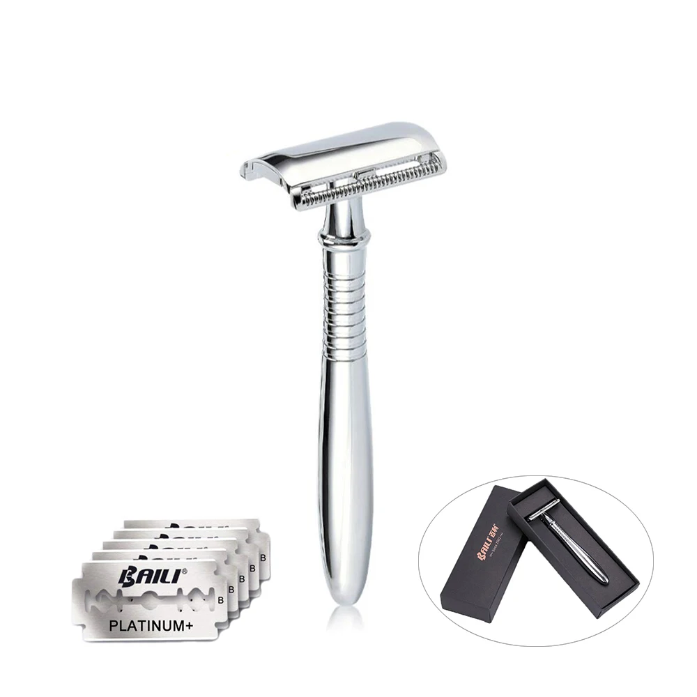 BAILI Manual Chrome Long Handle Men's Barber Shaving Safety Blade Razor Classic Stainless Shaver with 5 blades and case | Красота и