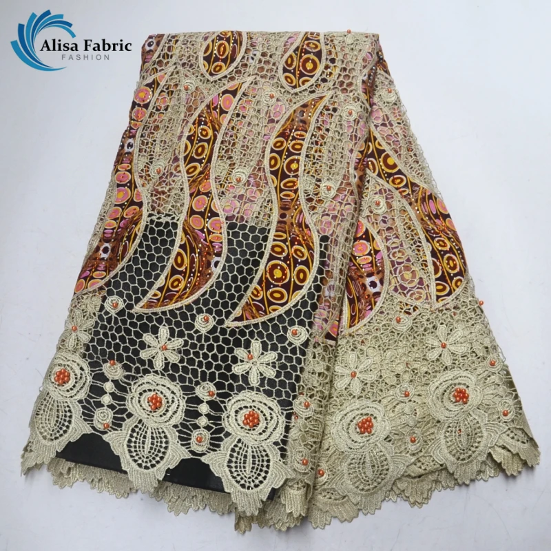 

Dutch wax African lace fabrics with Stone and Beads African Water soluble lace Guipure lace fabric high quality for Formal dress