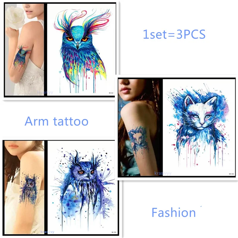 Временные тату наклейки flash tattoo новая мода 3 шт. синяя кошка Сова паста макияж для