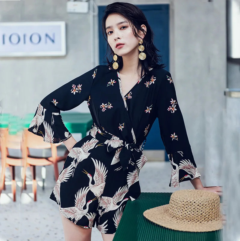 #0345 Summer Flare Sleeve Vintage Playsuits Women Chiffon Beach Bodies Bohemian Playsuits V Neck Retro Crane Printed Body Femme #0345 Summer Flare Sleeve Vintage Playsuits Women Chiffon Beach Bodies Bohemian Playsuits V Neck Retro Crane Printed Body Femme