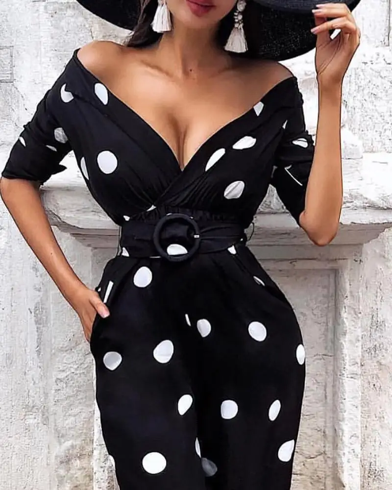 

Summer Women Vintage Polka Dot Print O-Ring Belted Dress Women Deep V-Neck Sheath Summer Elegant Night Club Slim Fit Party Dress