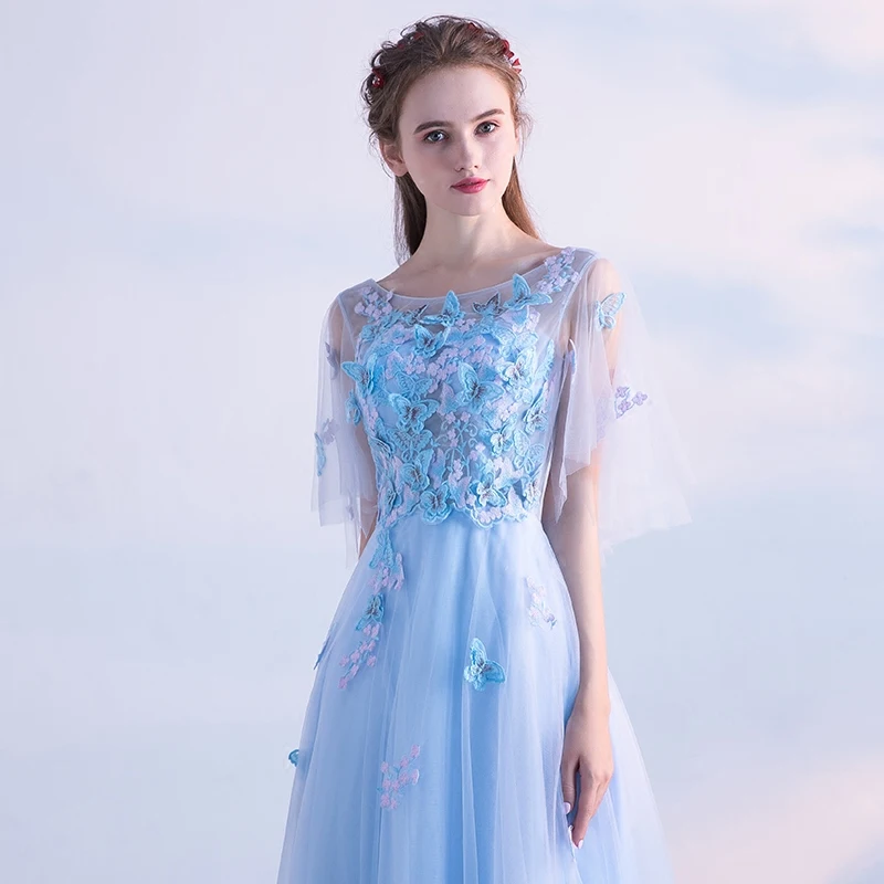 SSYFashion Новое свежее светло голубое кружевное вечернее платье невесты банкет