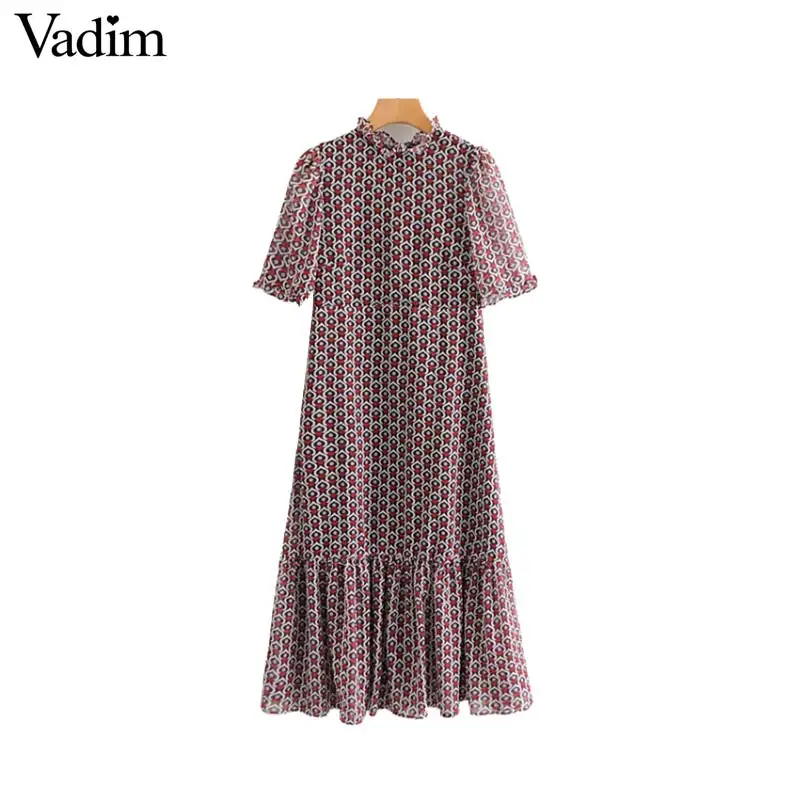 

Vadim women heart pattern midi dress back bow tie ruffled short sleeve female casual mid calf dresses vestidos QA656