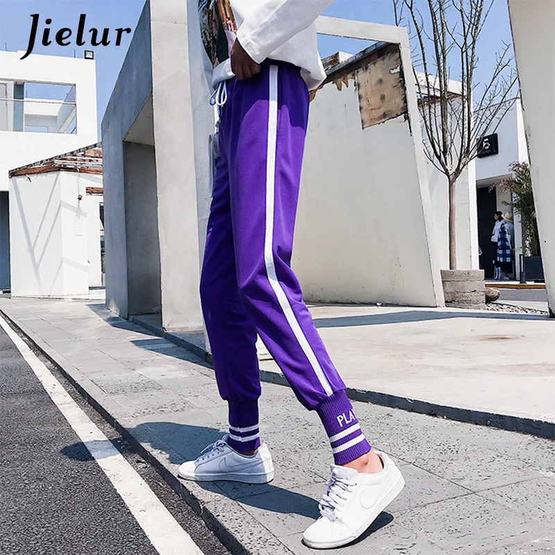 Jielur спортивные штаны женские фиолетовые узкие шаровары в Корейском стиле