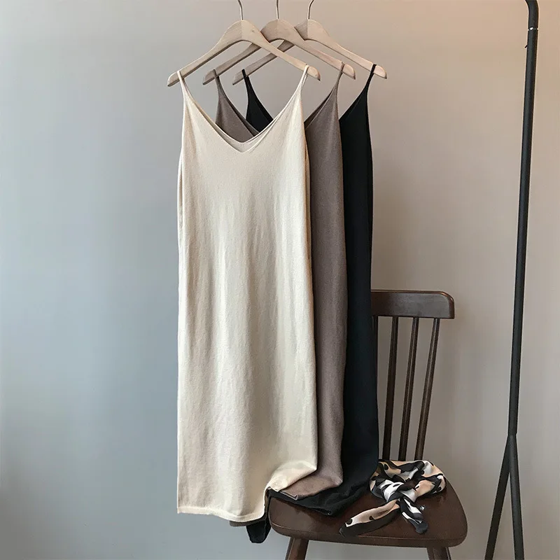 

Ukraine Vestido De Festa Women Dress Cotton Straight Solid Sleeveless Mid-calf Spaghetti Strap Natural V-neck Spring Long Dress