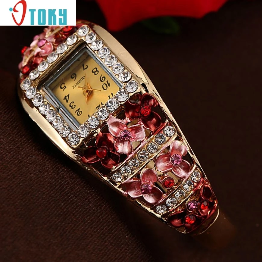 Горячая распродажа! Элегантные женские часы-браслет, роскошный браслет с цветами из кристаллов, Роскошные Кварцевые часы relogio feminino at1