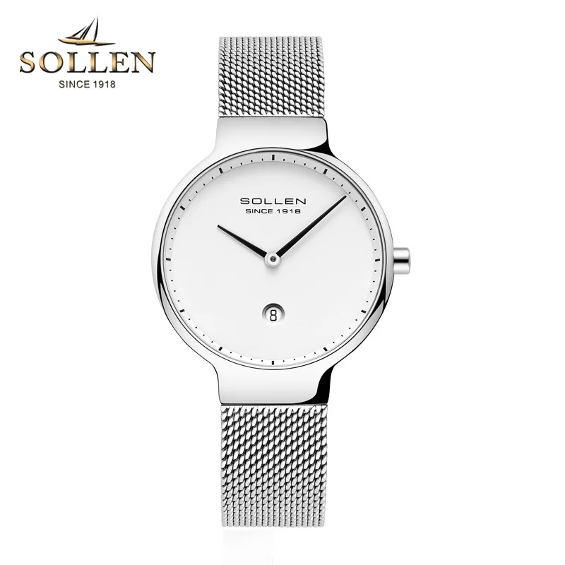 

Relogios Femininos SOLLEN Ultrathin Watch Women Calendar Mesh Steel Strap Wristwatch Dial Quartz Ladies Watches reloj mujer