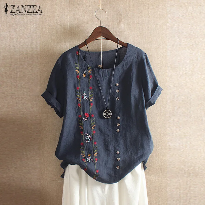  2019 ZANZEA Women Tunic Fashion Cotton Blouse Plus Size Embroidery Tops Female O Neck Tee Shirt Sum