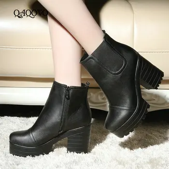 

2019 Spring Autumn Platform Ankle Boots Women Pu Leather Thick High Heels Booties Fashion Zipper Boots Ladies Shoes Big Size 43