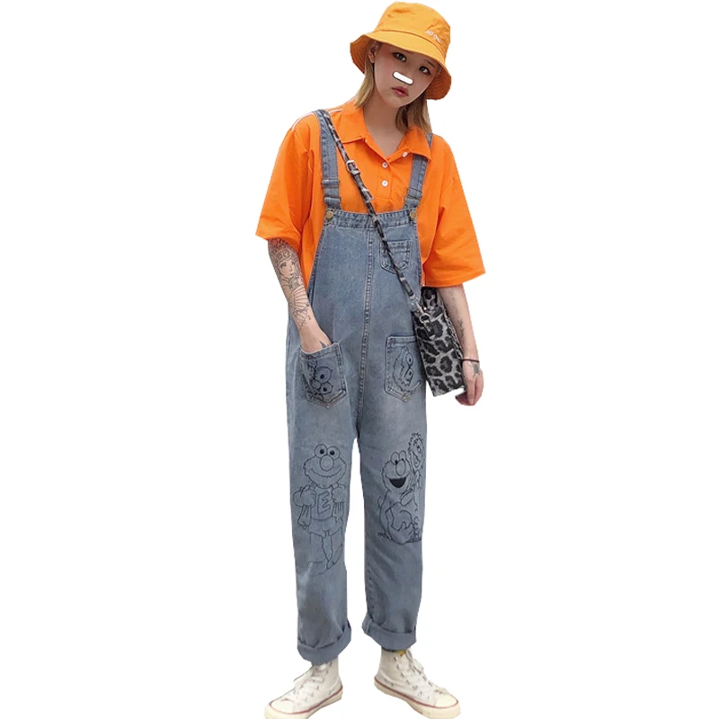 

Summer Jeans Women 2019 New Harajuku Cute Cartoon Pattern Denim Jumpsuit Loose High Waist Retro Worn Strap Jeans Female
