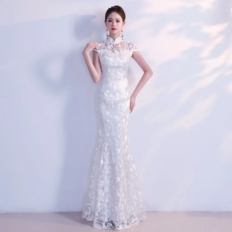 Белый традиционный китайский свадебное платье Qipao Русалка Cheongsam вечернее