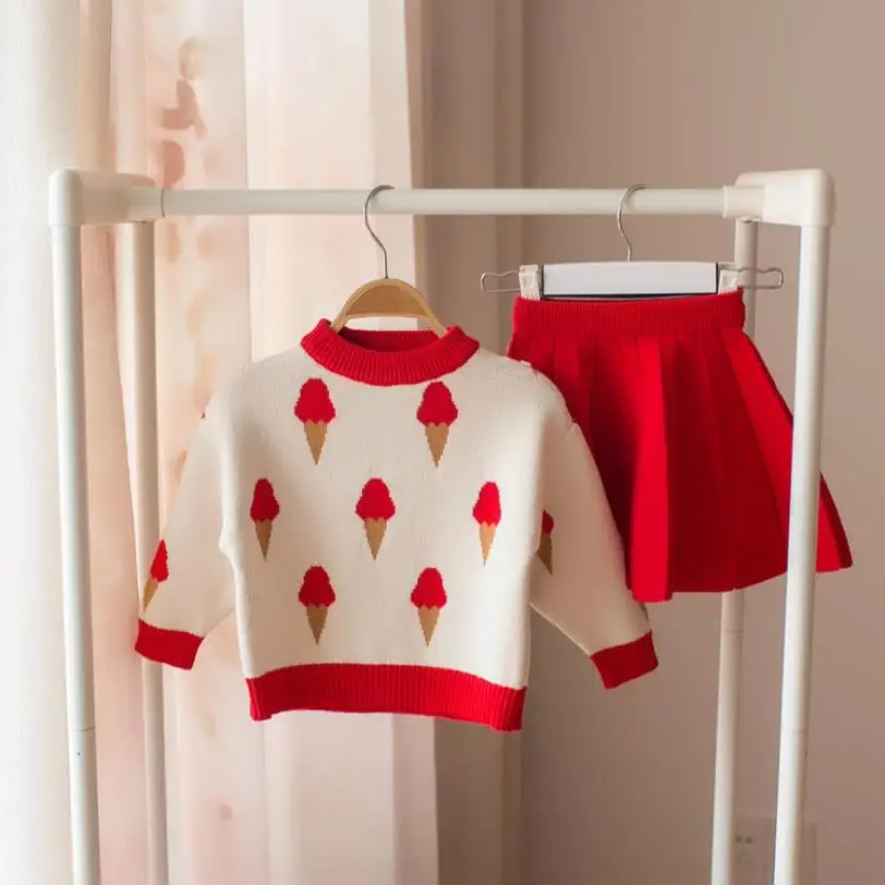 Комплект одежды для девочек, вязаная одежда для малышей корейский весенний Детский свитер г. Костюм с короткой юбкой с изображением мороженого для девочек костюм для детей от 3 до 4 лет - Цвет: red color