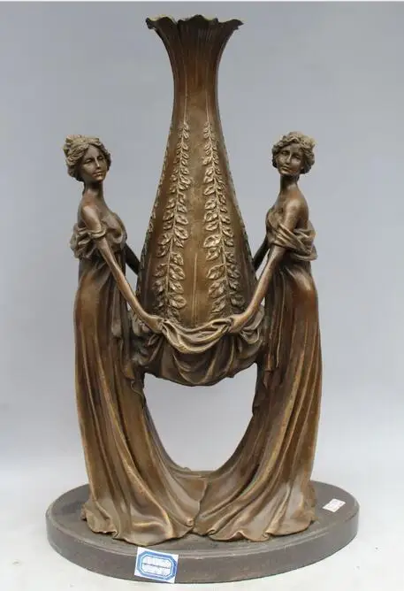 

16" Western Bronze Copper Marble Art Home Decoration Two Bell Statue sculpture