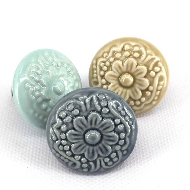 Cute Flower Engraved Round Ceramic Kitchen Cupboard Door Knob
