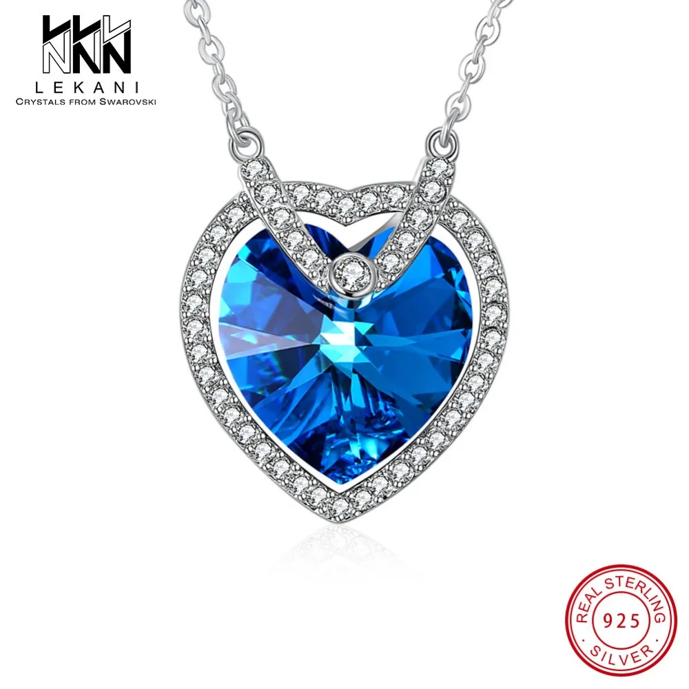 Элегантный синий кристалл от Swarovski сердце кулон цепочки и ожерелья для женщин большая Хрустальная подвеска серебро 925 красивые украшения свадебный подарок