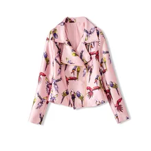 Высокое качество, подиумная Мода, осенняя новая английская Женская куртка на молнии с принтом птиц и попугаев, пальто с длинными рукавами, розовый, небесно-голубой S-L