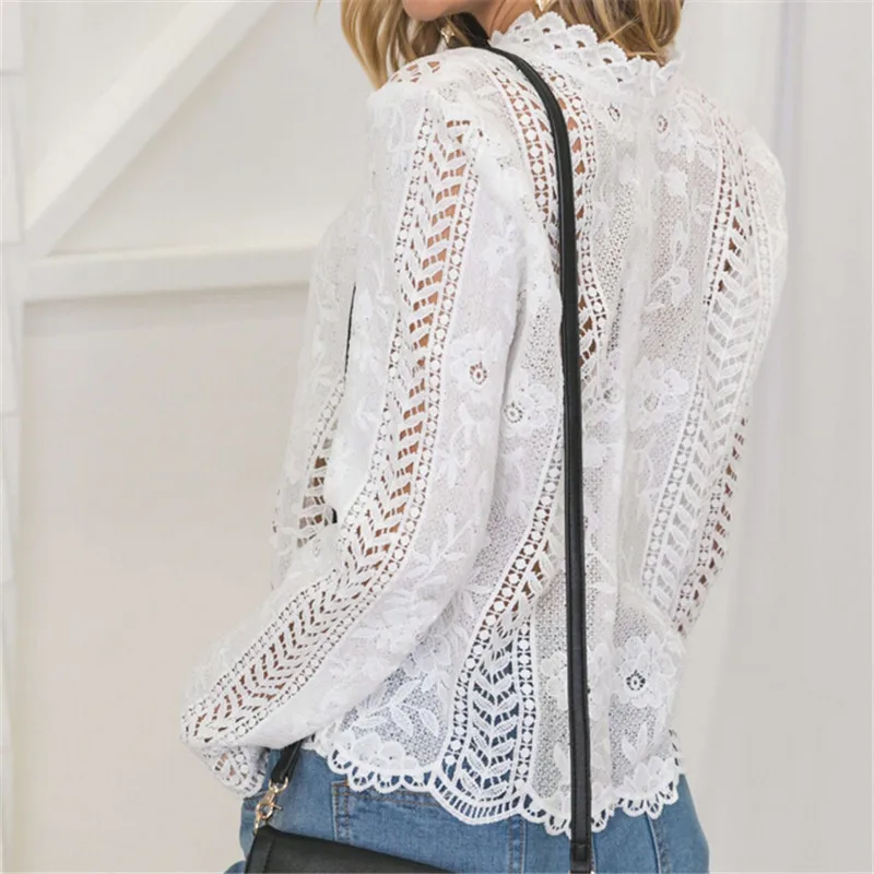 الصيف الدانتيل الأبيض بلوزة المرأة الجوف طويل كم الياقة المدورة شفافة قمم النساء قمصان Blusas موهير دي مودا