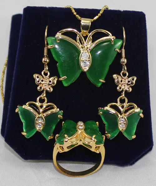 

hot sell new - beautiful gold plate green jade Butterfly earrings pendant ring size 7 8 9 #