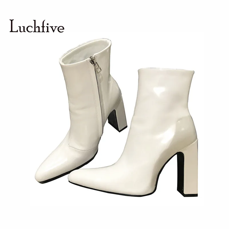 

2018 Hot Sale Vogue Genuine Leather Ankle Boots Women Side Zipper High Heels Designer Short Boots Black White Gray Botas Mujer