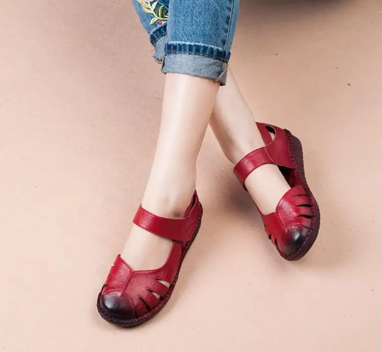 Ручной работы женские кожаные сандалии Летняя удобная обувь с мягкой подошвой женская обувь из натуральной кожи Повседневное обувь на плоской подошве женские босоножки - Цвет: Красный