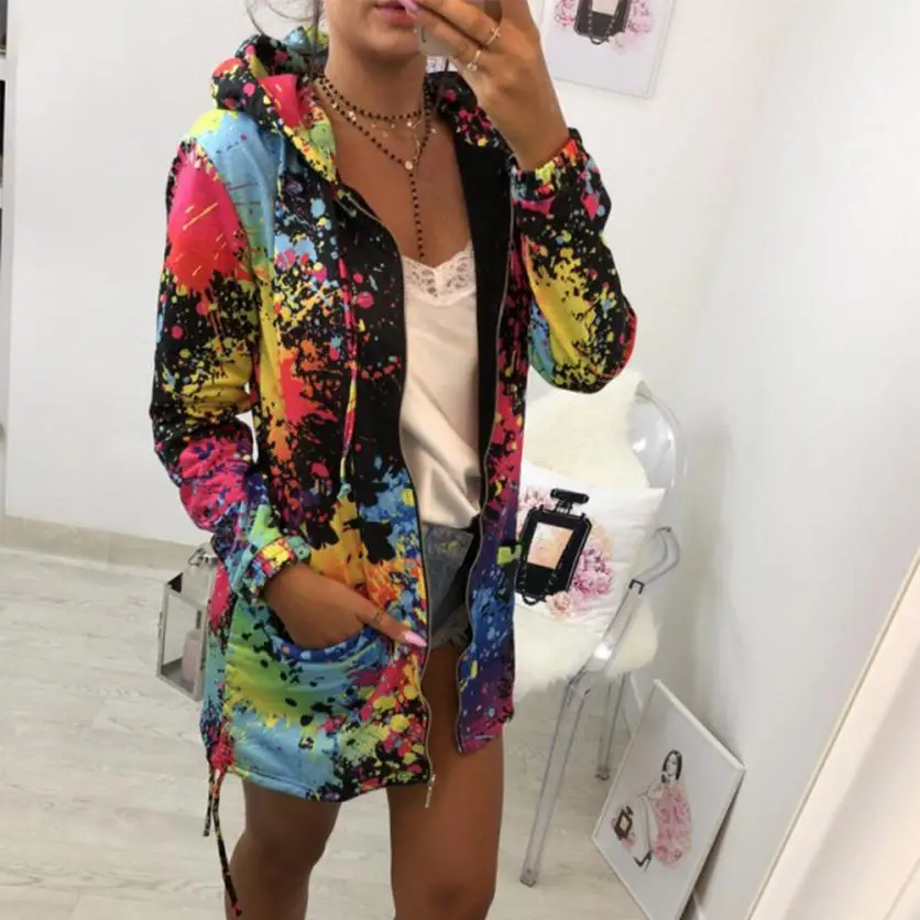 Goedkoop Bovenkleding   Jassen Jassen Mode Tie Verven Print Uitloper Sweatshirt Hooded Overjas Jassen En Jassen Vrouwen 2018AUG16
