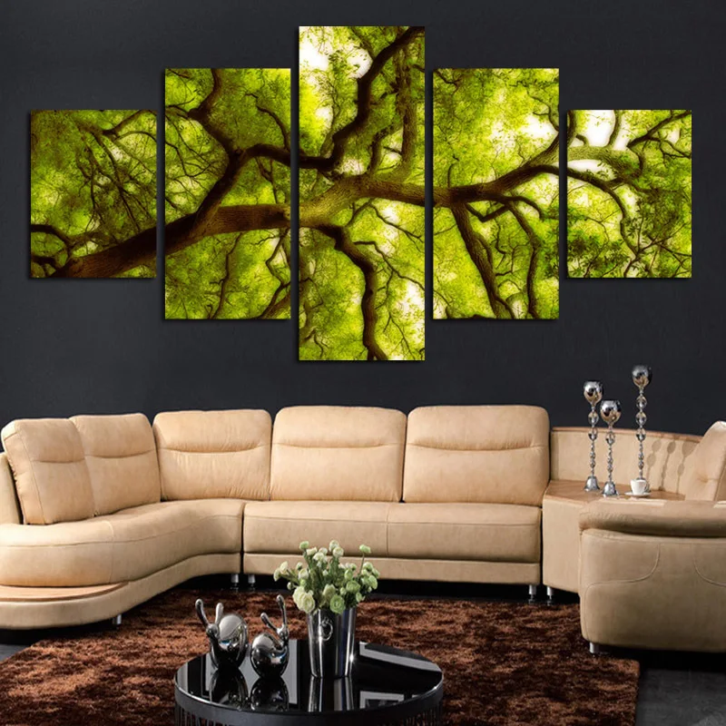 2017 Free shipping 5 Panels Green Tree Painting Canvas Wall Art Picture