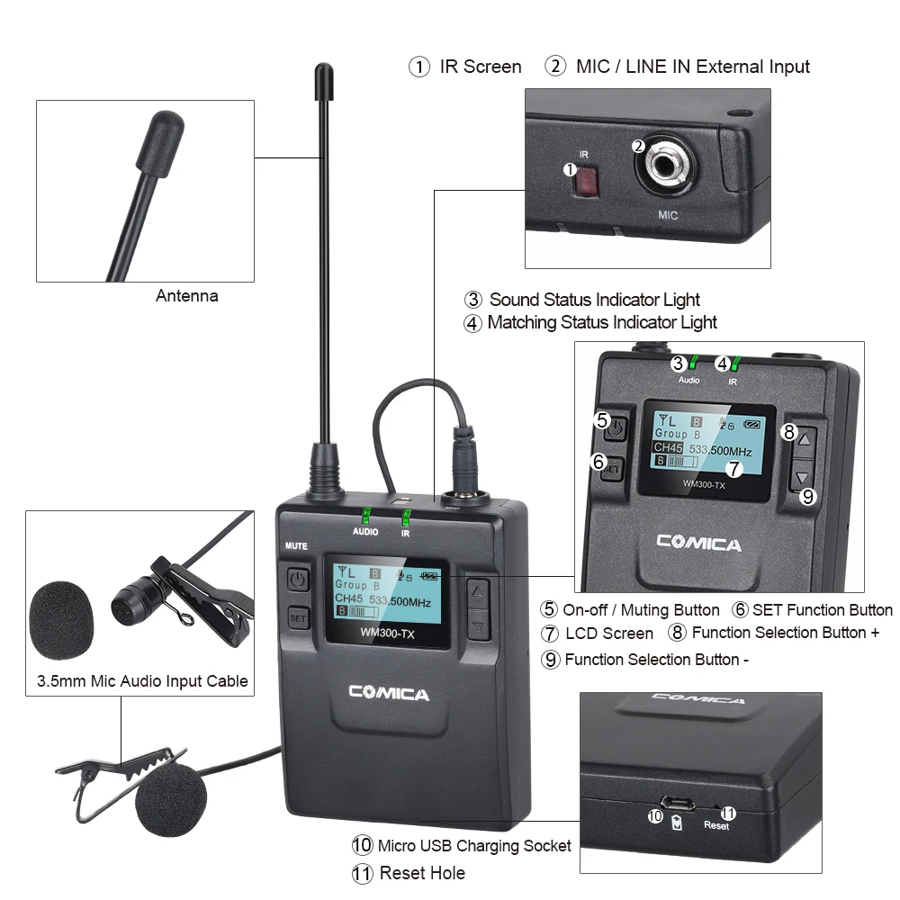 CoMica UHF 96 канальный беспроводной металлический микрофон передатчик с нагрудная гарнитура с батареей 3,7 в 2000 мАч для DSLR камеры видеокамеры