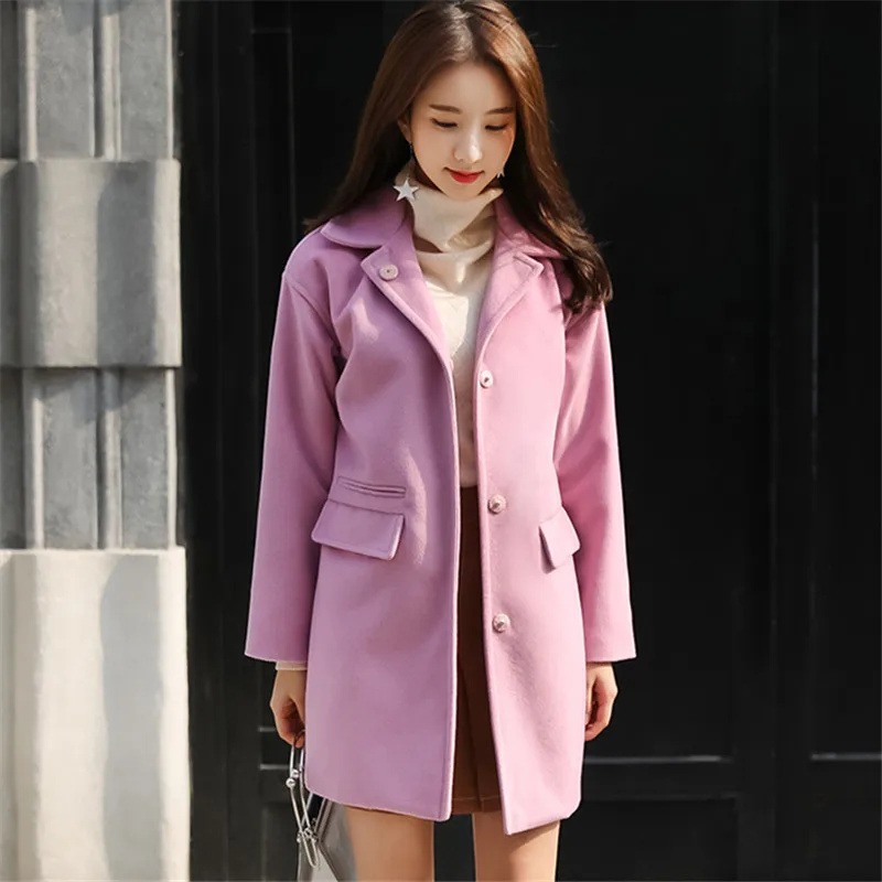 Autumn Long Wool Coat Women Pink Jacket Korean Plus size Long sleeve Winter Warm Blend Woolen Coat 2018 Fashion Ladies Overcoat