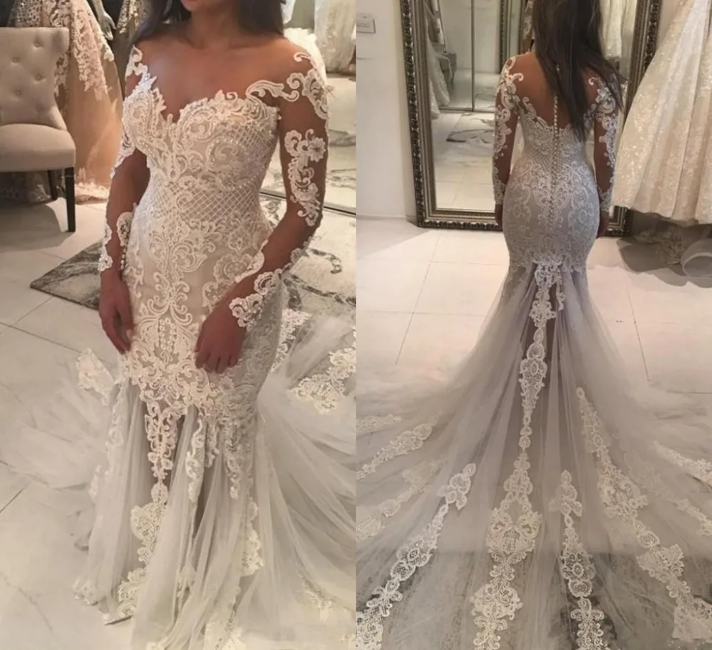 

New Mermaid Wedding Dresses Sheer Neckline Lace Appliques Beaded Illusion Long Sleeve See Through Tulle Long Train Bridal Gowns