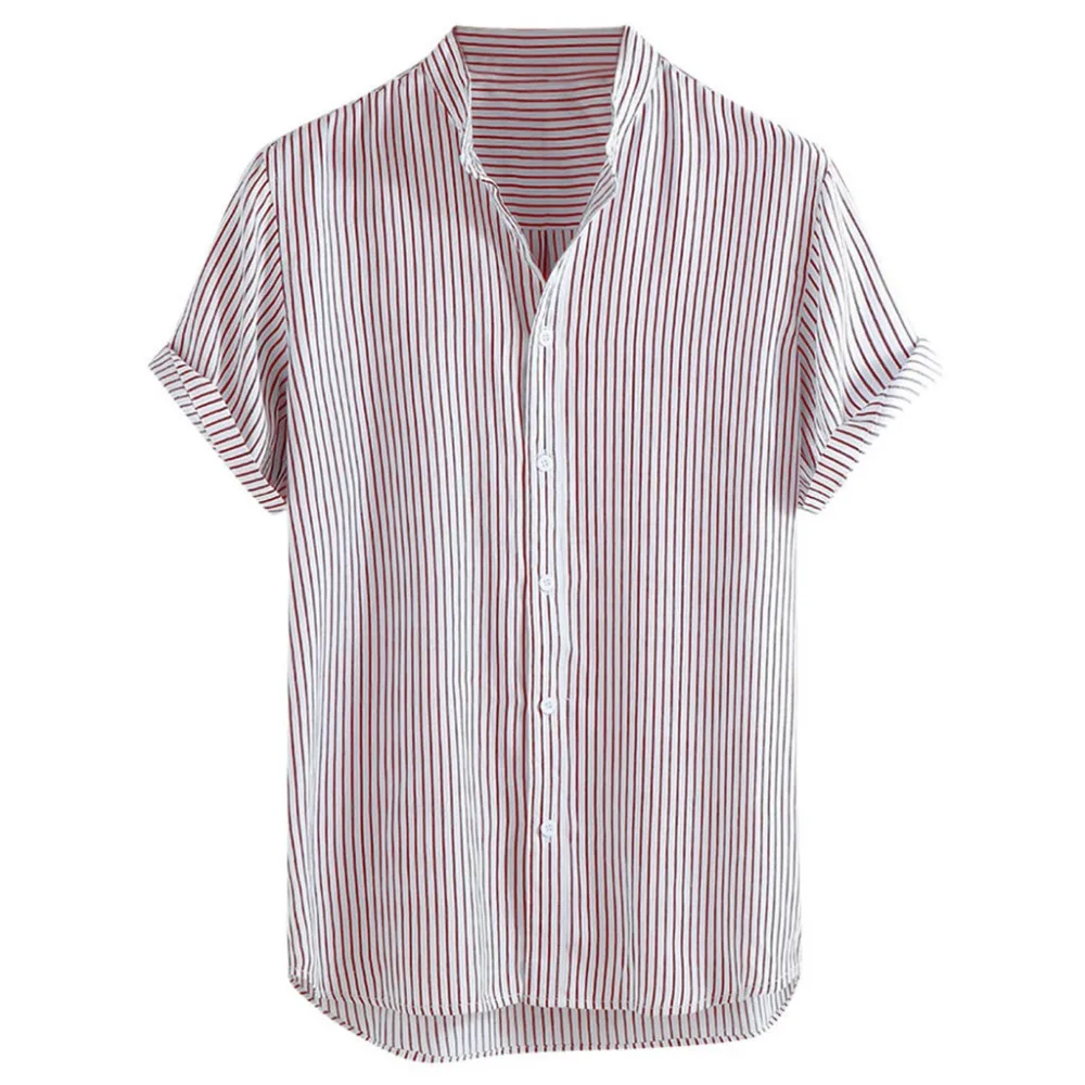 2019 men's stand collar striped summer short-sleeved running T-shirt loose buckle casual sports shirt short sleeve outdoor 40J11 (2)