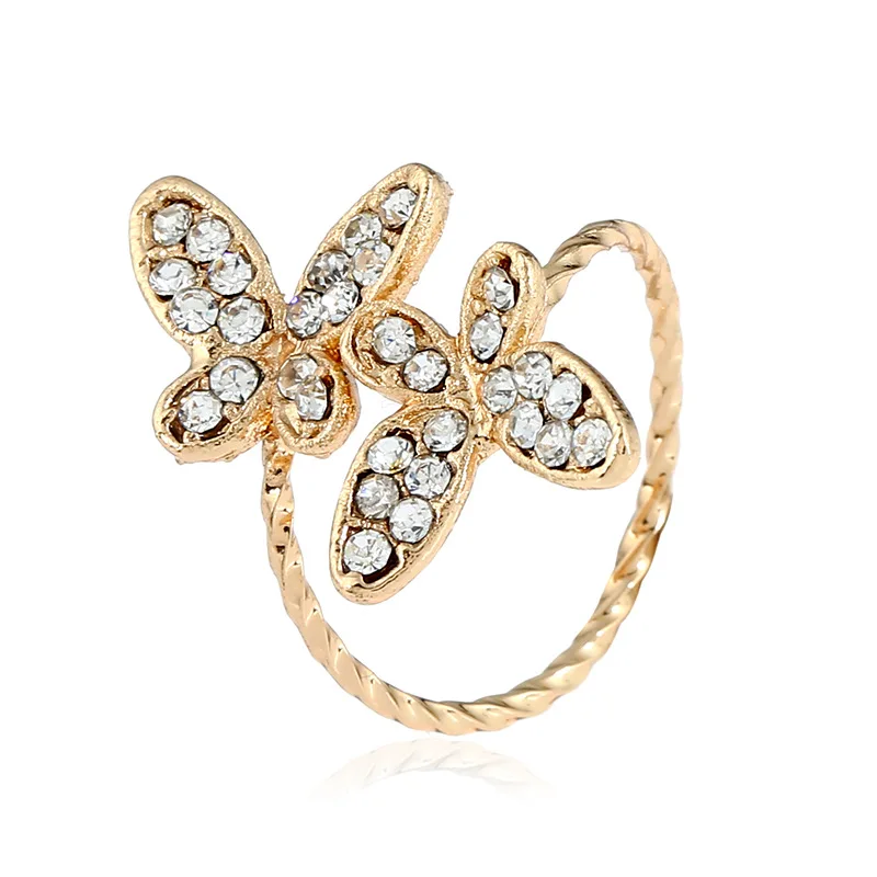 

2018 New Simple Butterfly Suitable Gold Color Rhinestone Statement Ring for Women Girls Fashion Finger Ring Wedding Jewelry