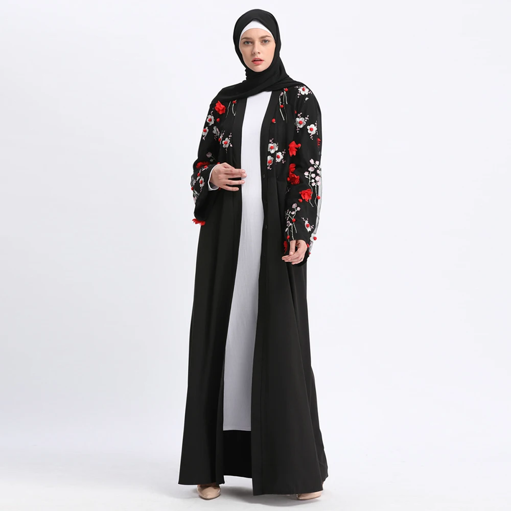 

Muslim Embroidery Abaya 3D Floral Maxi Dress Cardigan Long Robes Tunic Kimono Ramadan Turkey Islamic Clothing Worship Service