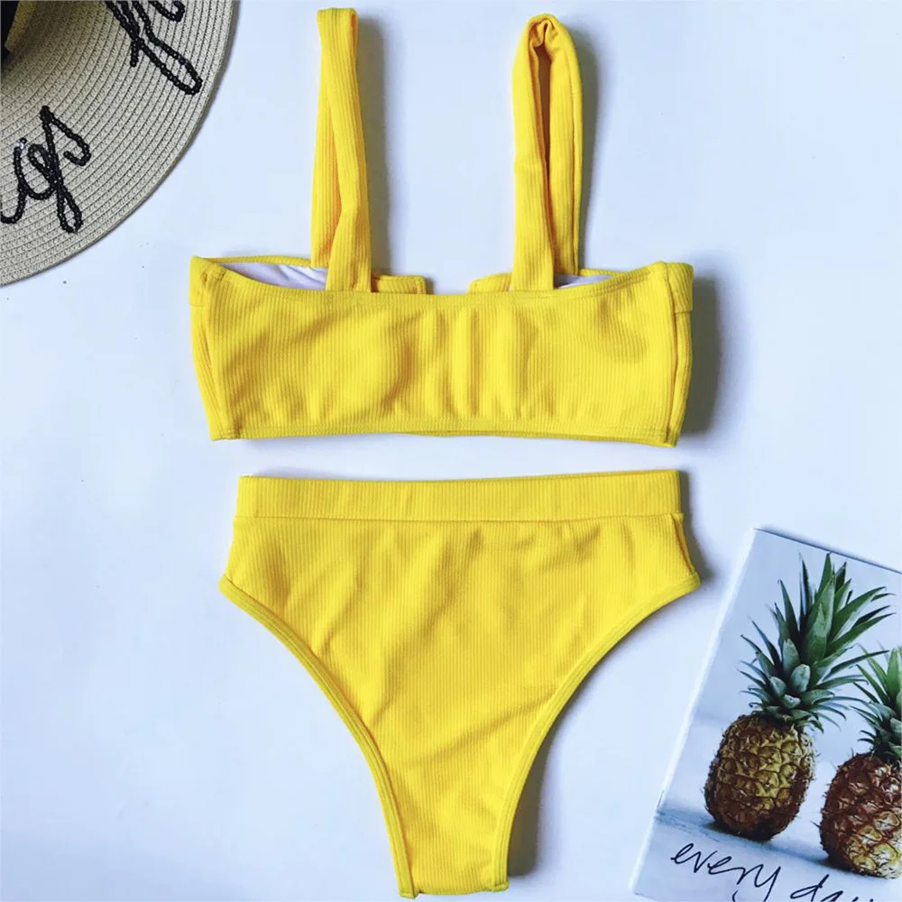 

Vintage Female Ribbed Swimsuit High Waist Bikini Women V Shape Bra Swimwear Two-pieces Bikini set Bather Brazilian Bathing Suits