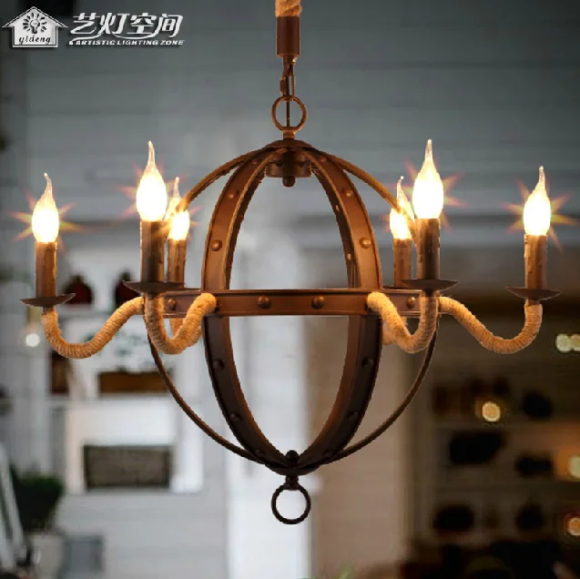 Loft American sitting room dining-room lamp retro hemp rope industrial barrels chandelier | Освещение