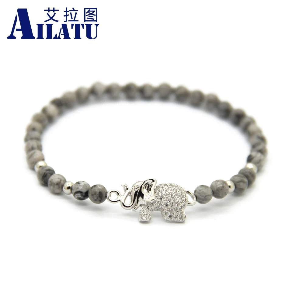 

Ailatu 4mm Natural Grey Picture Stone Micro Inserts Zircon Elephant Lucky Bracelet for Gift