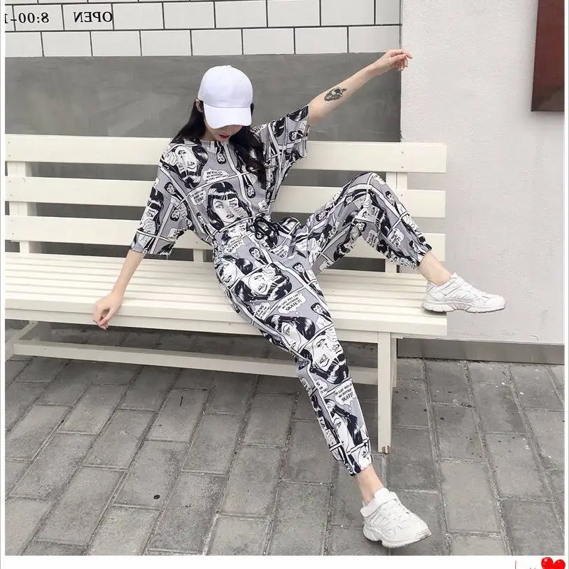 Men Women Skateboard Comic Pants BF Wind Trousers Sweaters 2 Pieces Sets