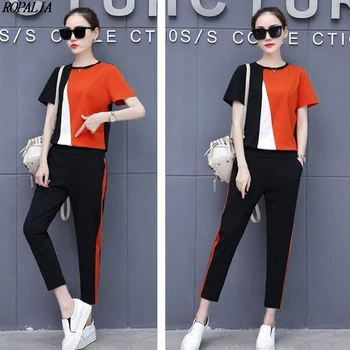 

Girl Summer 2 Pieces Set Fashion O-Neck Color Block Top And Ankle-Length Pockets Elastic Waist Pants 2019