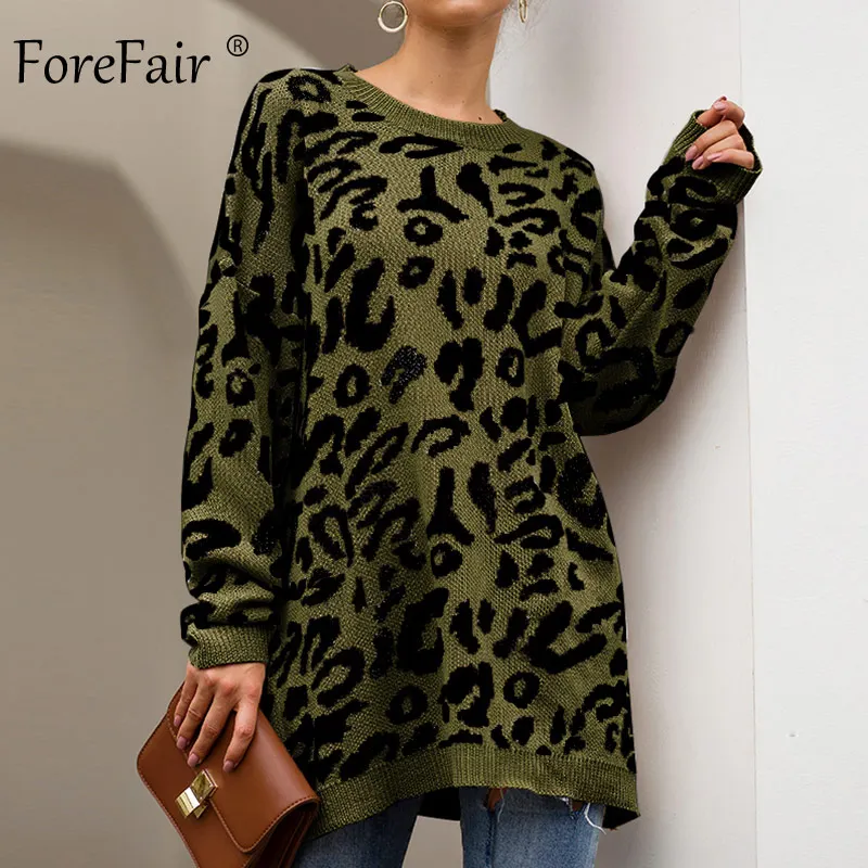 Forefair, Леопардовый Повседневный свитер выше размера, женский, осень, зимний, вязаный, с животным принтом, размера плюс, свободный, длинный, женский свитер - Цвет: Army Green Sweater