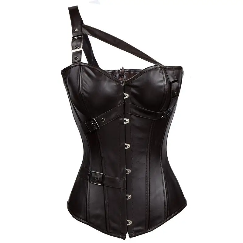 One Shoulder Brown Faux Leather Corpetes E Espartilhos Sexy Bustier Top