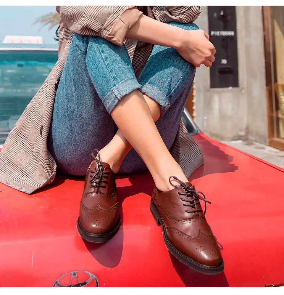 BeauToday/оксфорды; женская качественная обувь из натуральной кожи; обувь с перфорацией типа «броги» на шнуровке; Брендовая обувь из телячьей кожи с перфорированным носком; женская обувь на плоской подошве размера плюс; 21069