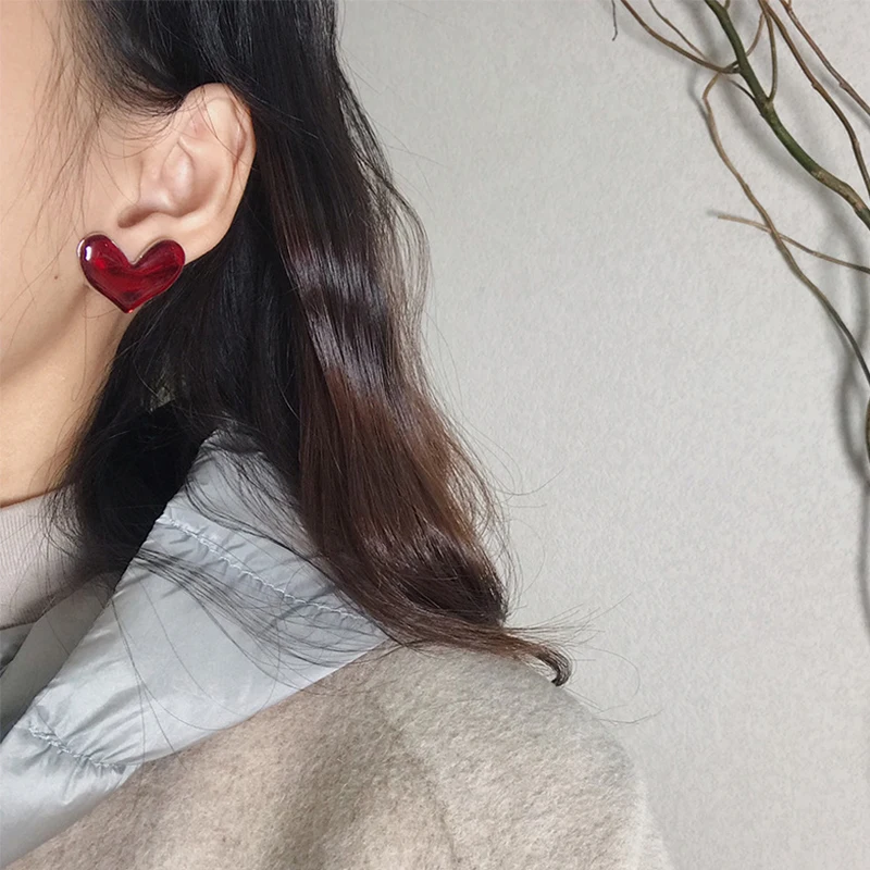 

S925 Silver Pin Vintage Enamel Red Love Heart Film Stud Earrings Large Hyperbole Earring Girls Women Ear Jewelry Holiday Gift