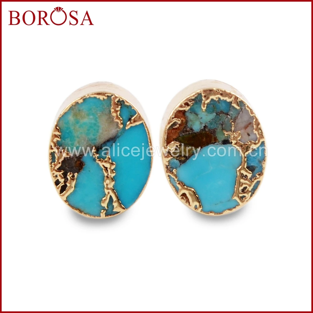 

BOROSA 5/10pairs Oval Copper Natural Turquoises Stud Earrings Jewelry Gold Color Natural Blue Howlite Women Earrings G1546