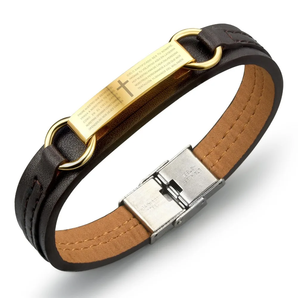 Genuine Leather Bracelet Men Stainless Steel Cross Genuine Leather Bracelet Men Stainless Steel Cross Gold Black Prayer In Spanish Ph962 Charm Bracelets From Jewelry