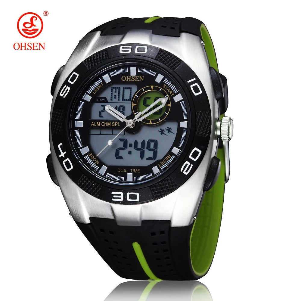 

2018 OHSEN Fashion Digital Quartz Men Wristwatches Silicone Band alarm date stopwatch Green Waterproof Sport Watch Male clocks