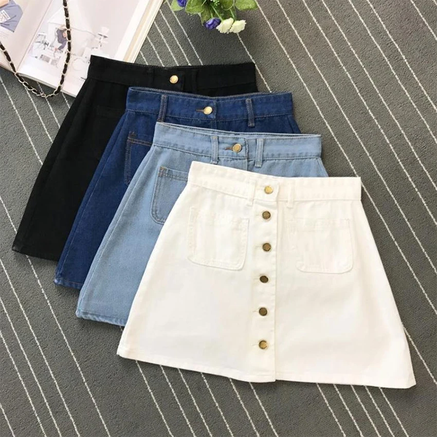 

Solid High Waist A-Line Short Denim Skirts Women Casual Button Pockets Mini Skirt Summer Ladies Fashion Simple Wild Jeans Skirts