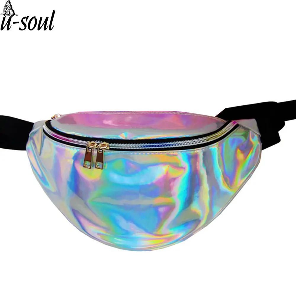 

Waterproof Fashion bling Leather waist packs women Silver belt bag waist bag laser hologram transparent waist packs A5330